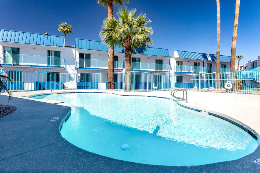 Ava North Apartments in Phoenix, AZ | Pool photo with building and palm tree in background