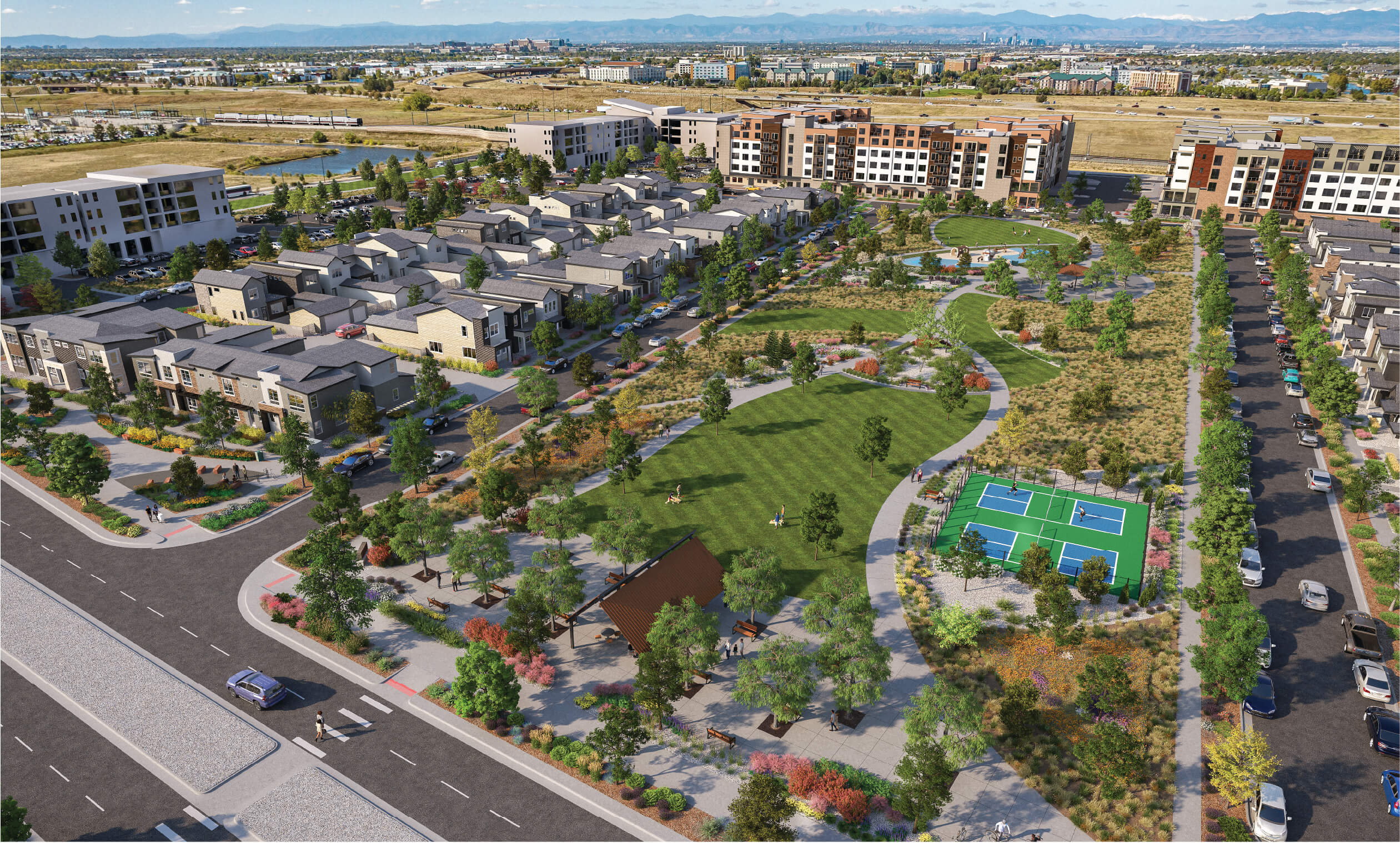 Swimming pool with chaise lounge seating, tanning shelf, ping pong and conversational seating with a leasing office building in the background
