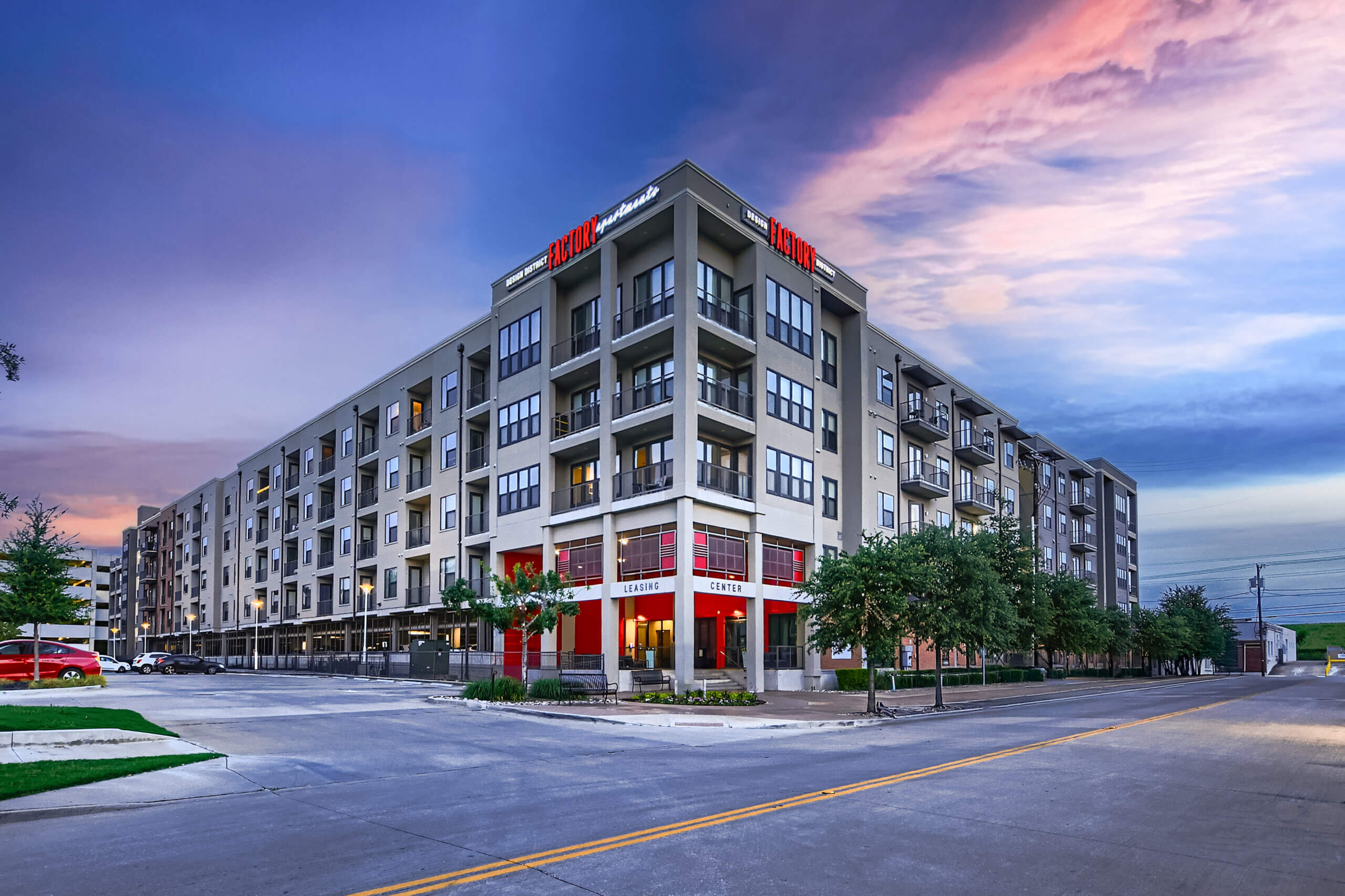 Factory Design District Exterior at twilight